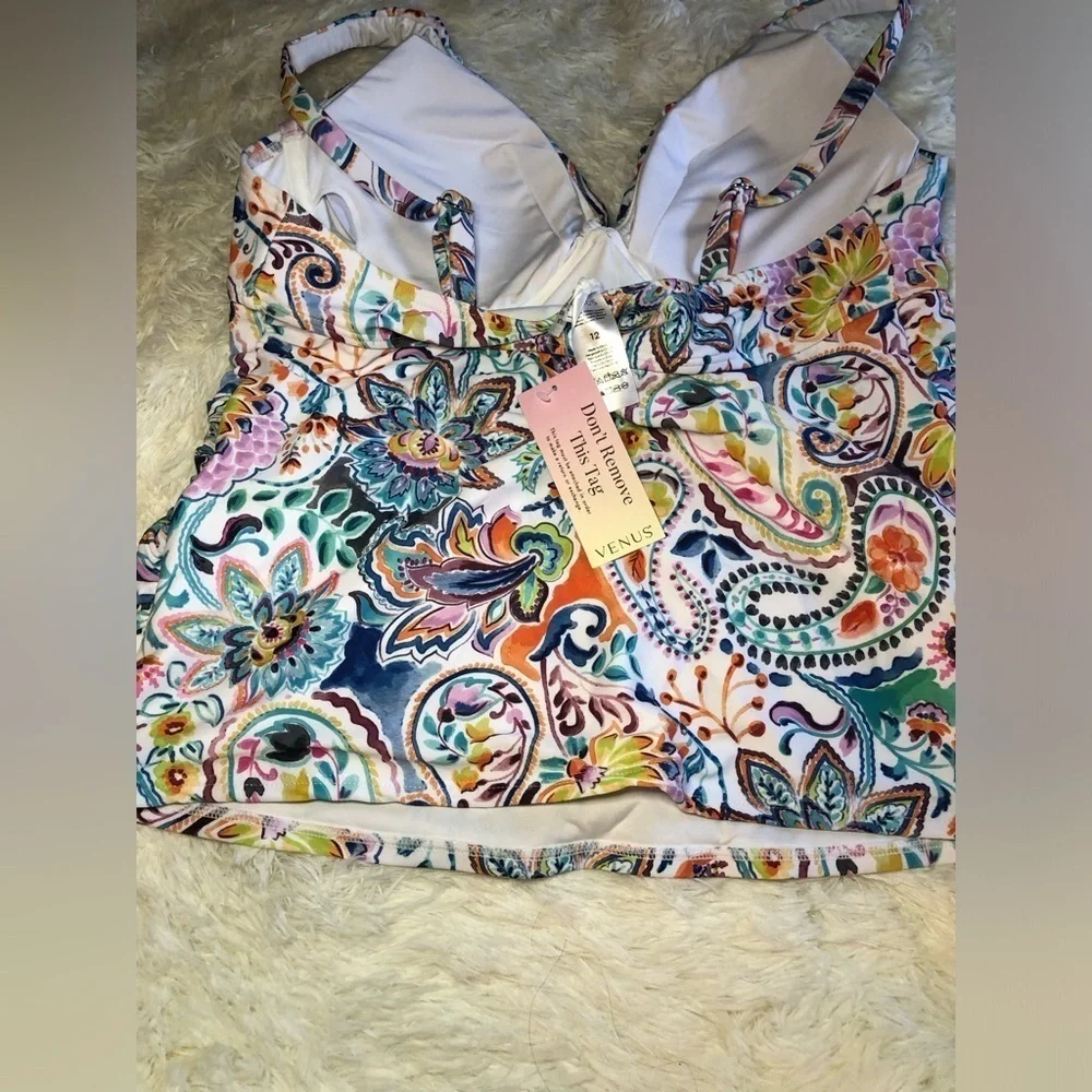 VENUS Blue and Orange Ruched Fitted Floral geometric Bikini tankini size 12 NWT